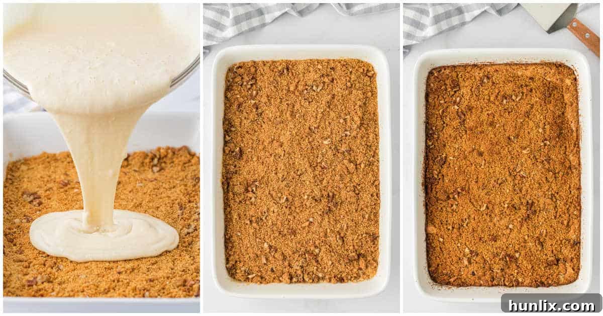 Dreamy Butterscotch Cheesecake Squares 6 A collage showing the cheesecake filling being poured over the crust, followed by the bars baking in the oven.