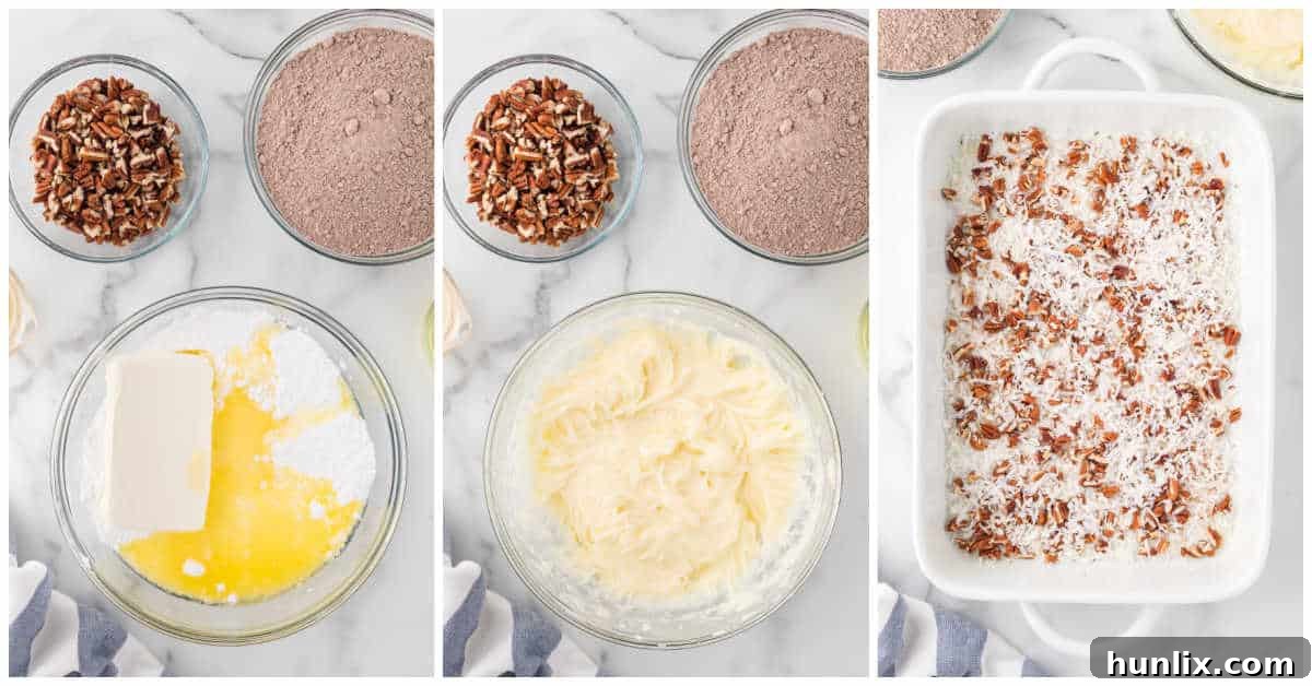 Collage showing steps for making earthquake cake, including mixing cream cheese mixture and spreading pecans and coconut in a pan.