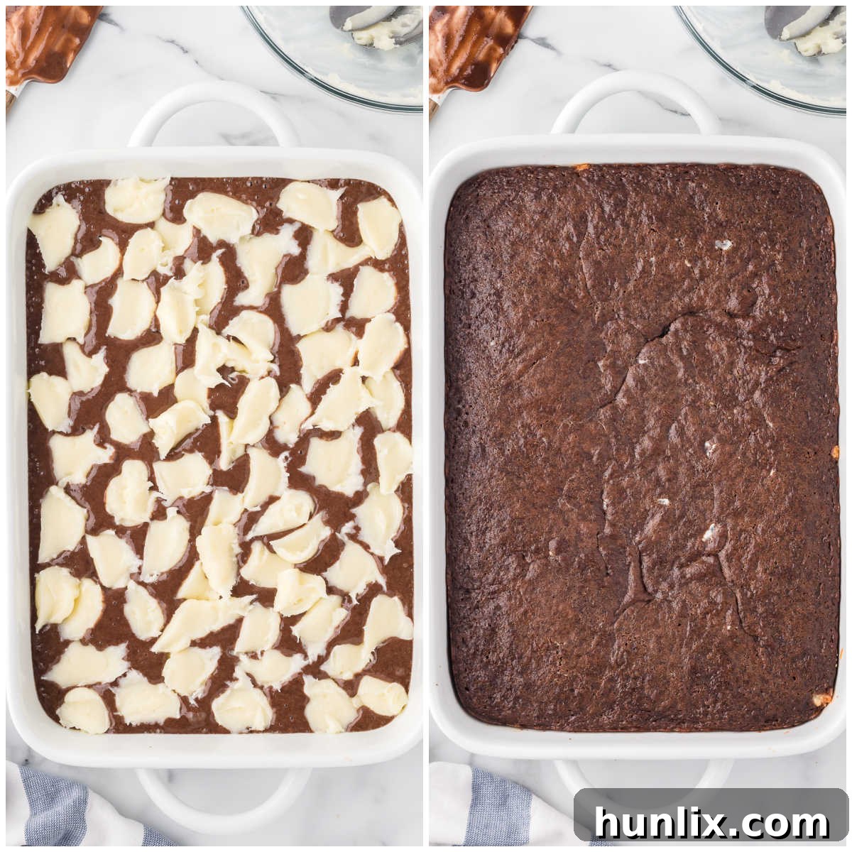 Collage showing dolloping cream cheese mixture over the cake batter and the finished cake baking in the oven, showing cracks.