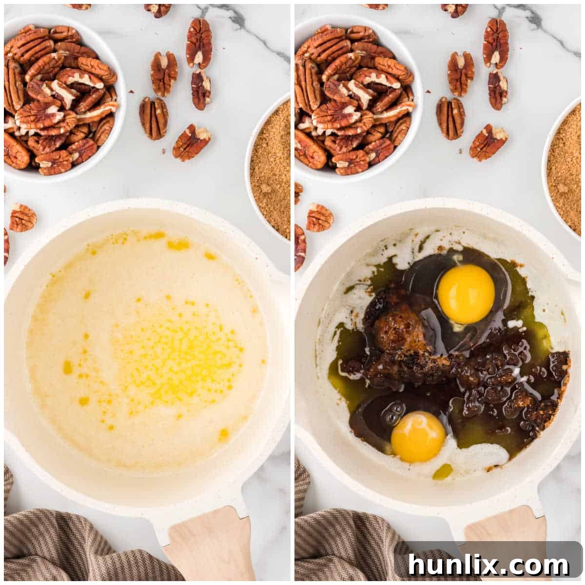 Close-up of melted butter, brown sugar, eggs, and vanilla extract being stirred in a saucepan.