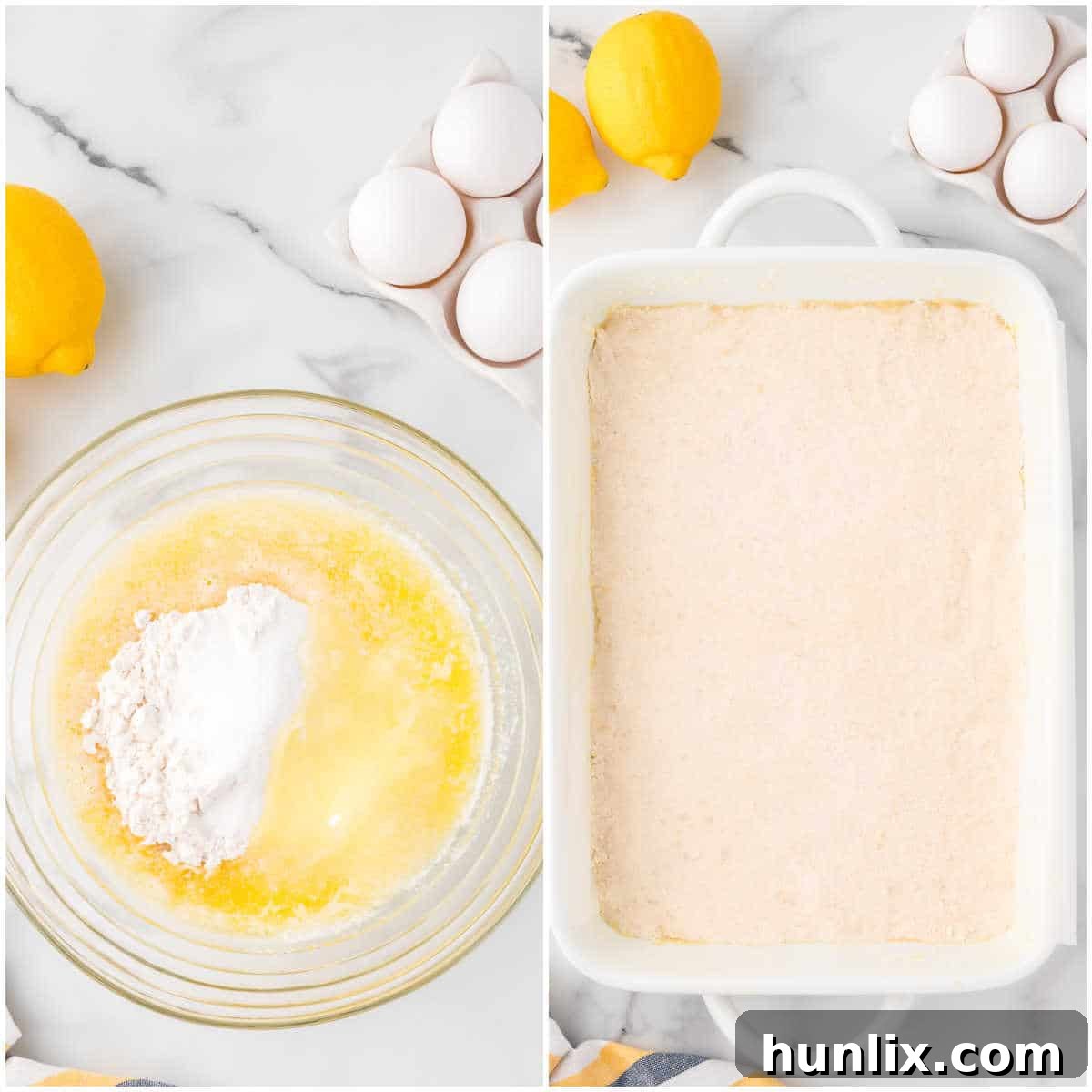 A collage showing the process of mixing crust ingredients in a bowl and pressing the dough into a baking pan.