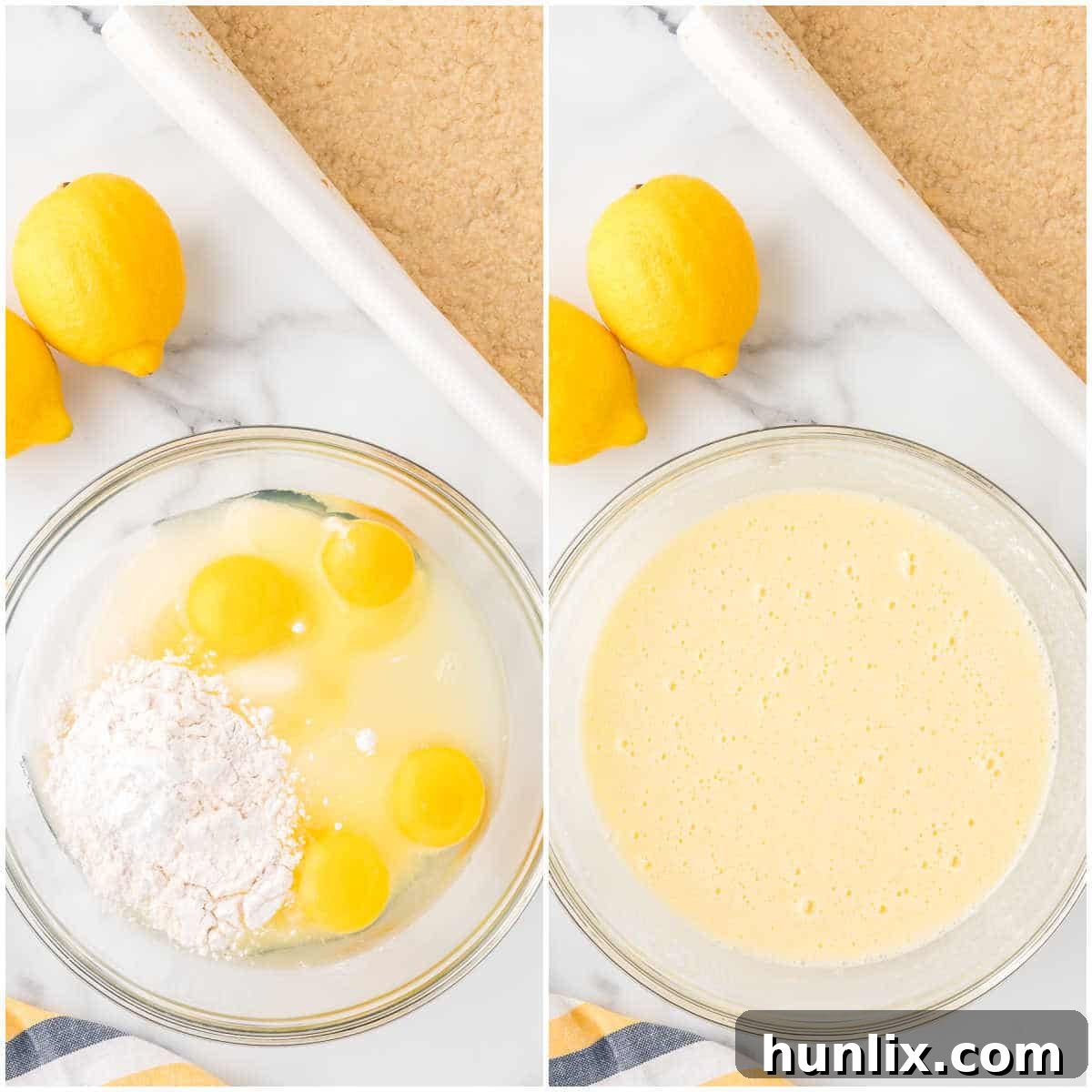 A collage showing the process of whisking lemon filling ingredients in a bowl.