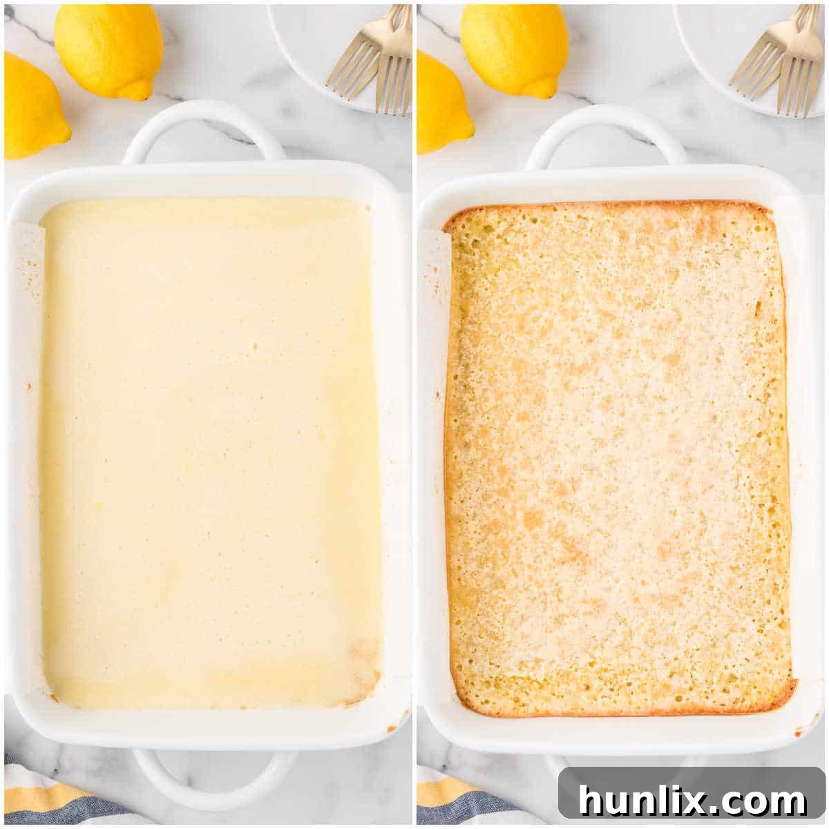 A collage showing lemon bars baking in a pan and cooling.