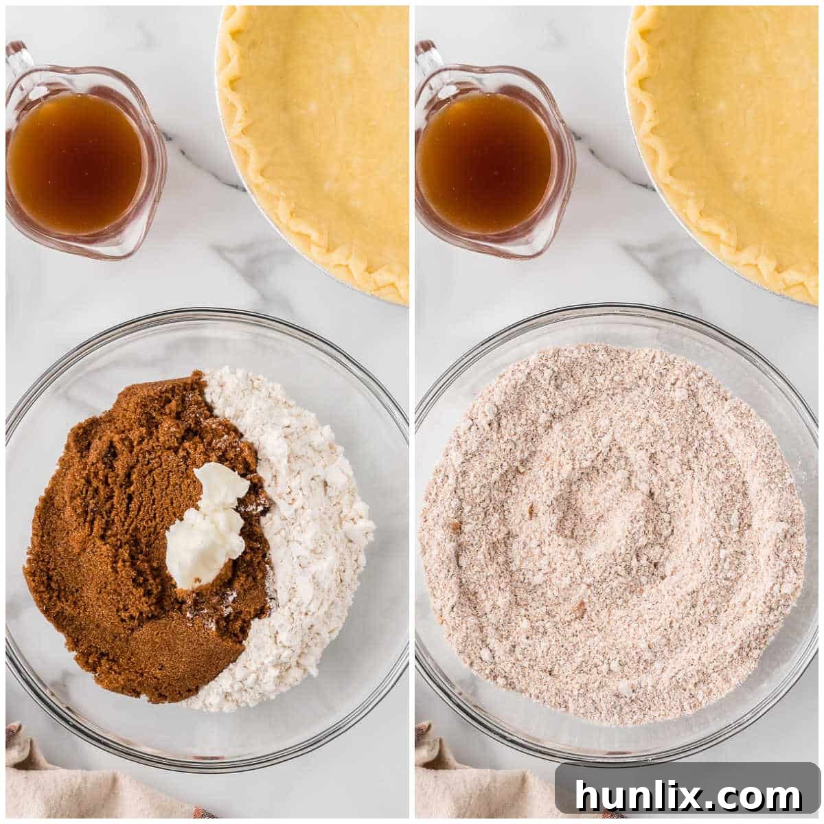 A collage showing the initial steps of making Shoofly Pie: mixing dry ingredients like flour, brown sugar, and shortening to create the crumb mixture in a bowl.