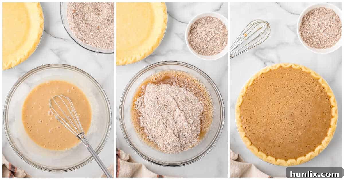 A visual guide to making Shoofly Pie, showing the wet ingredients (egg, syrup, dissolved baking soda) being combined, then mixed with the remaining crumbs, and finally poured into the pie shell, ready for baking.