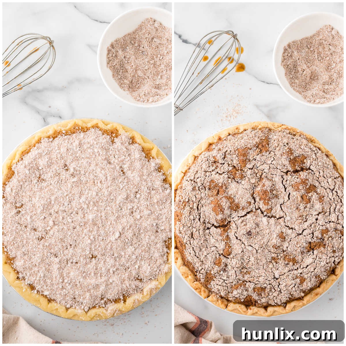 A two-part image illustrating the final baking steps: sprinkling the crumb topping over the pie filling, followed by the finished Shoofly Pie baking to a golden perfection in the oven.