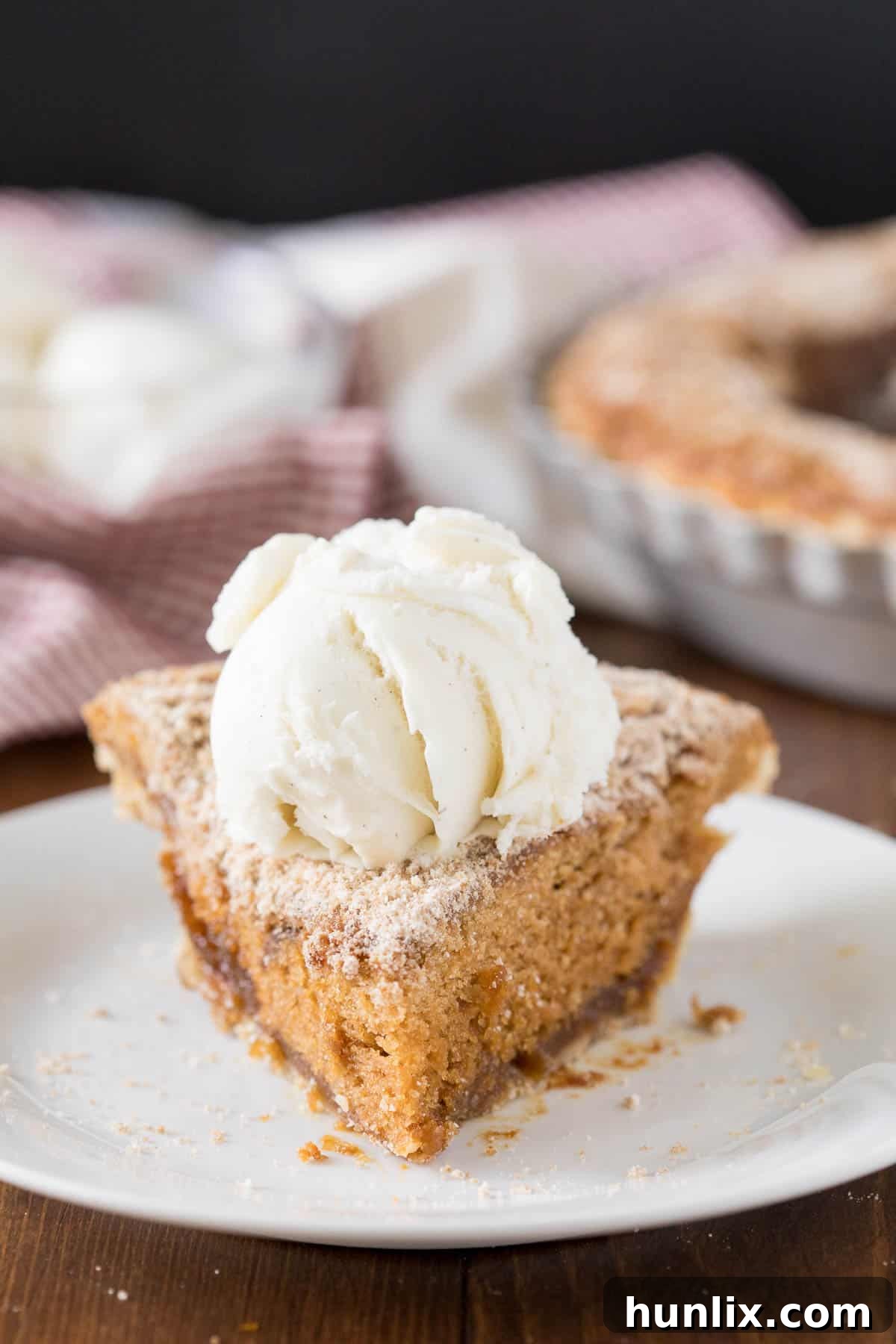A tempting slice of warm Shoofly Pie, crowned with a scoop of melting vanilla ice cream, served on a white plate ready to be enjoyed.