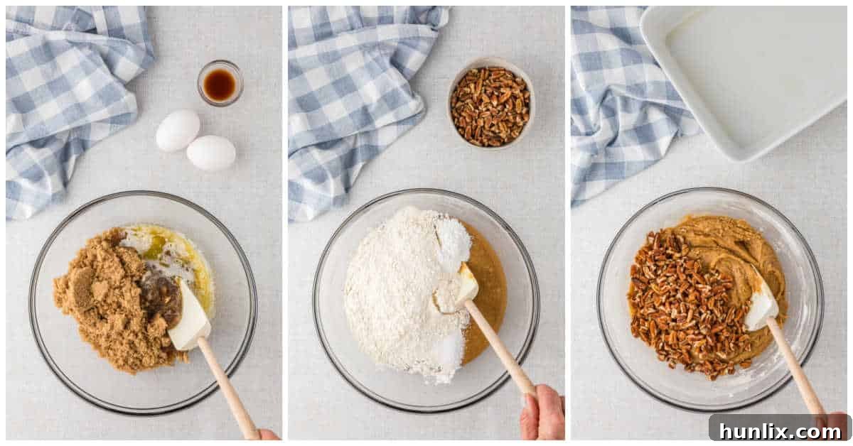 A collage showing the process of mixing butter, brown sugar, eggs, and vanilla in a bowl for the blondie batter.