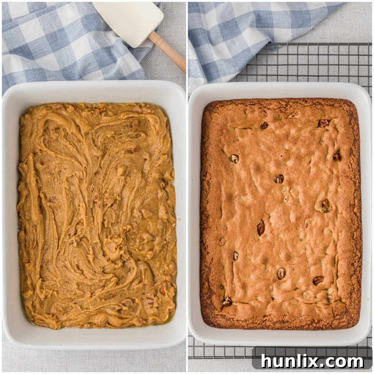 A collage showing the blondie batter spread in a baking pan and the finished product after baking.