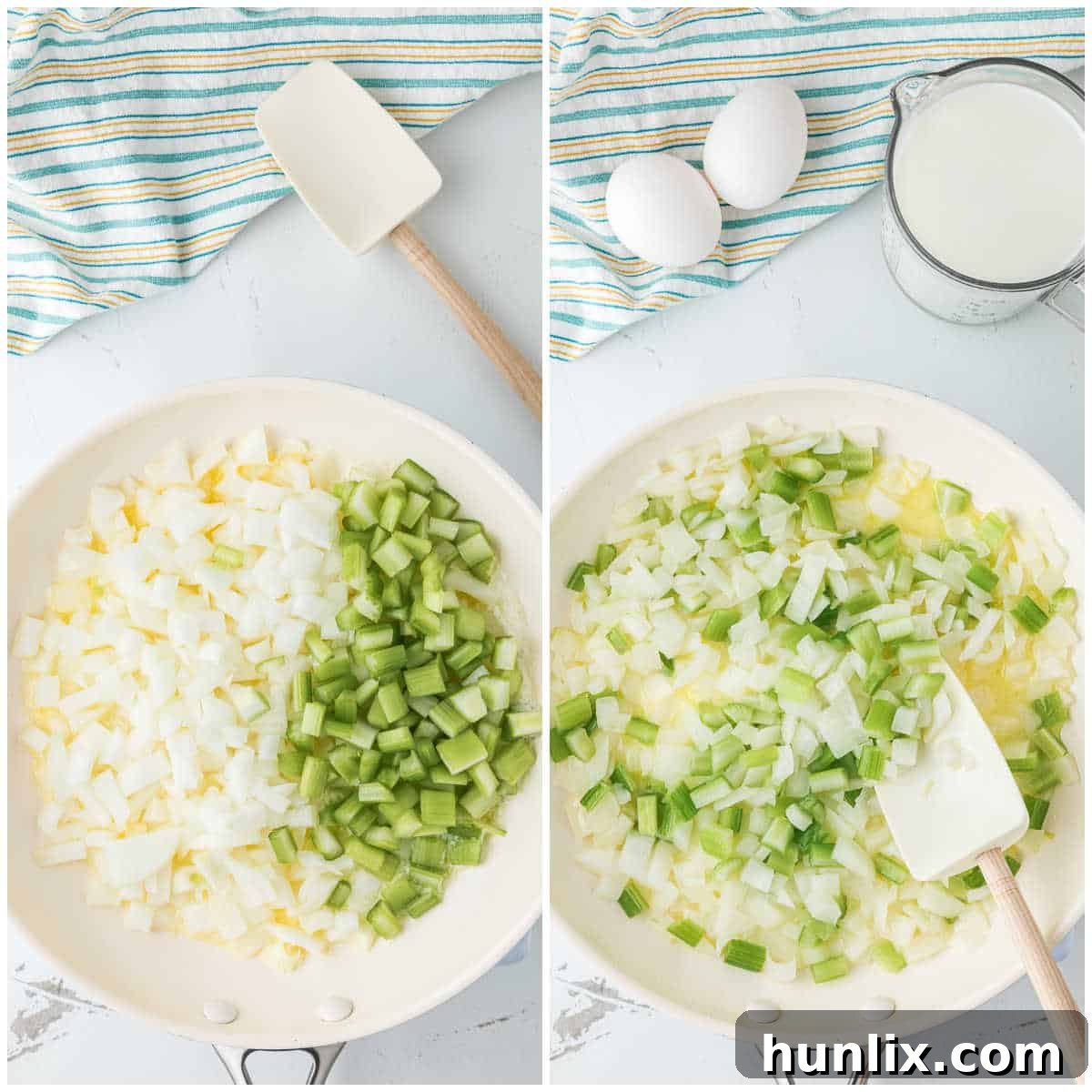 The initial steps of making chicken cordon bleu casserole, showing diced celery and onion sautéing in a pan with melted butter.