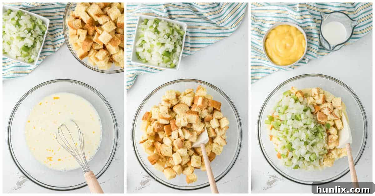 A bowl containing cubed white bread soaking in an egg and milk mixture, ready for the casserole.