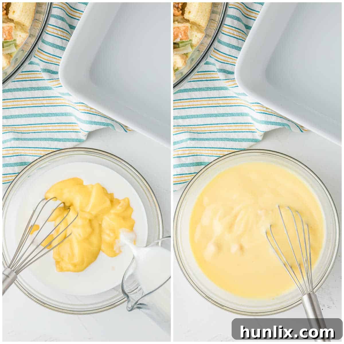 A small bowl of creamy white sauce, made from cream of chicken soup and milk, ready to be poured over the casserole.