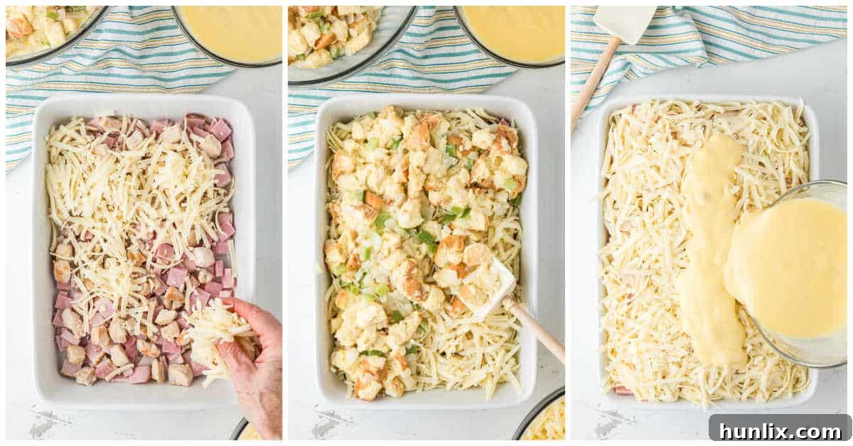 The assembled chicken cordon bleu casserole in a baking dish, ready to be placed into the oven.
