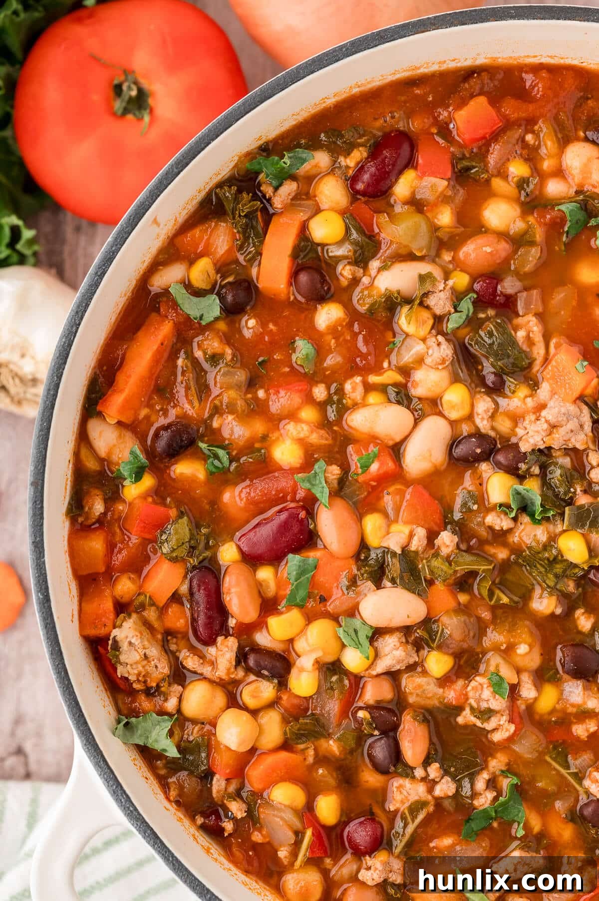 A pot of southwestern turkey 5 bean chili, rich and inviting.