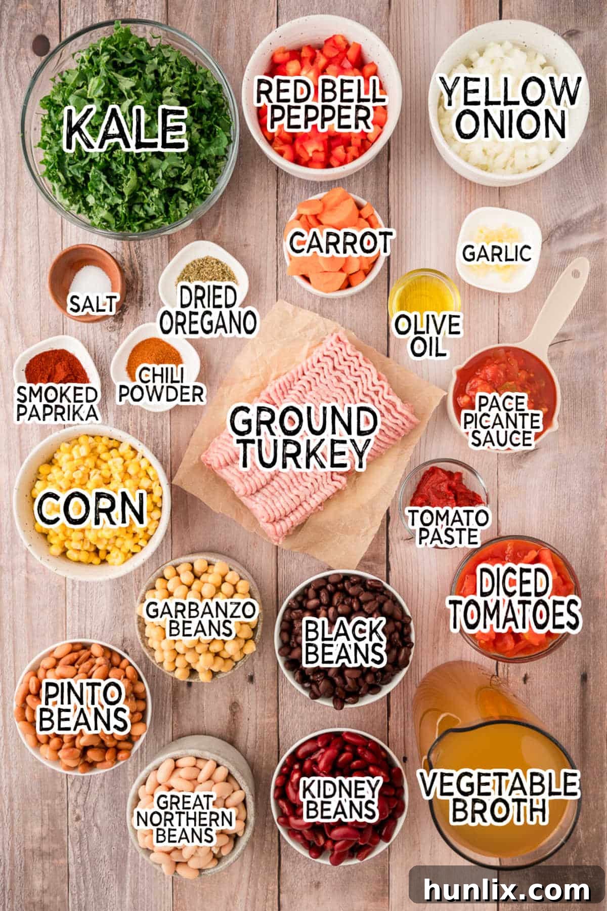 Southwestern Turkey 5 Bean Chili ingredients neatly arranged.