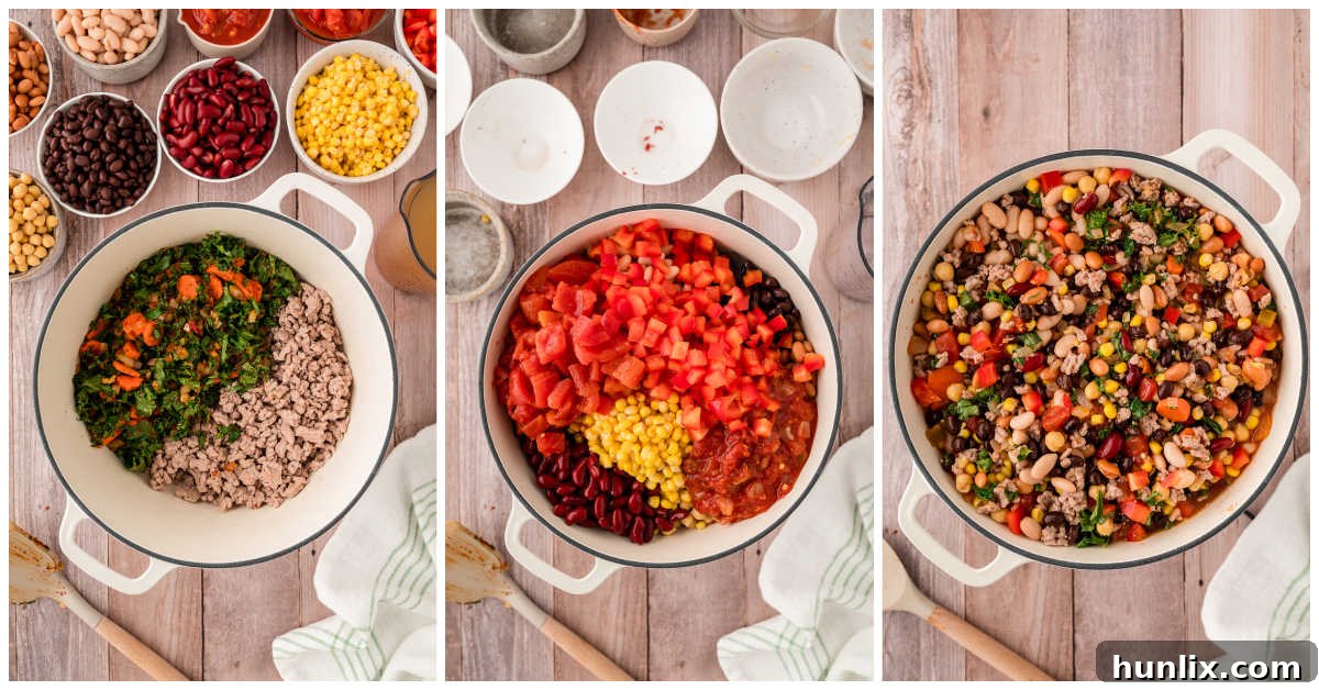 The cooking process for Southwestern 5 Bean Turkey Chili.