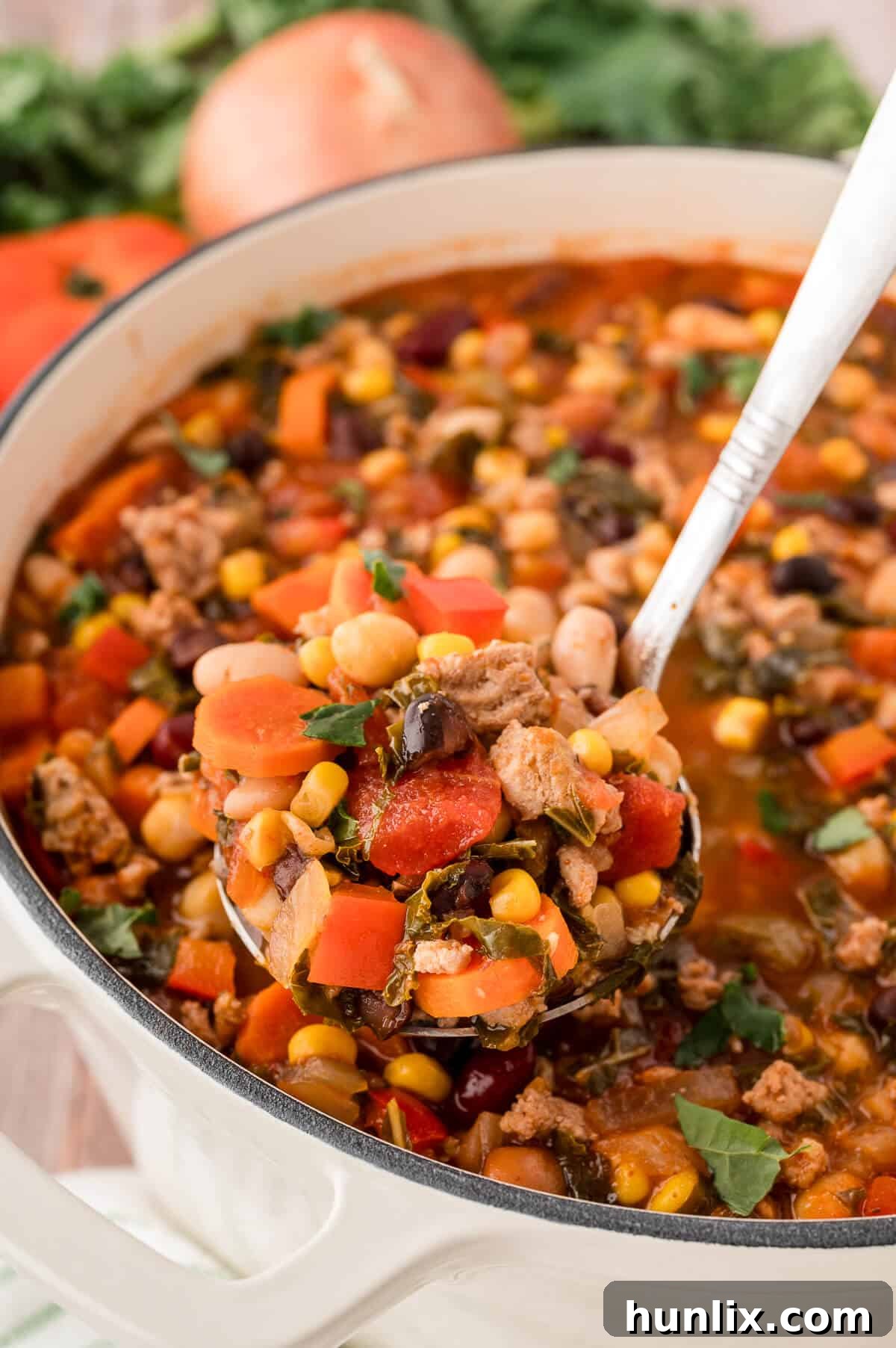 A pot of southwestern turkey 5 bean chili with a ladle ready to serve.