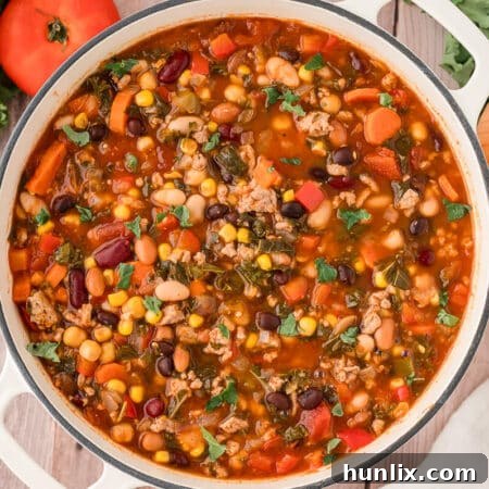 A pot of southwestern turkey 5 bean chili.