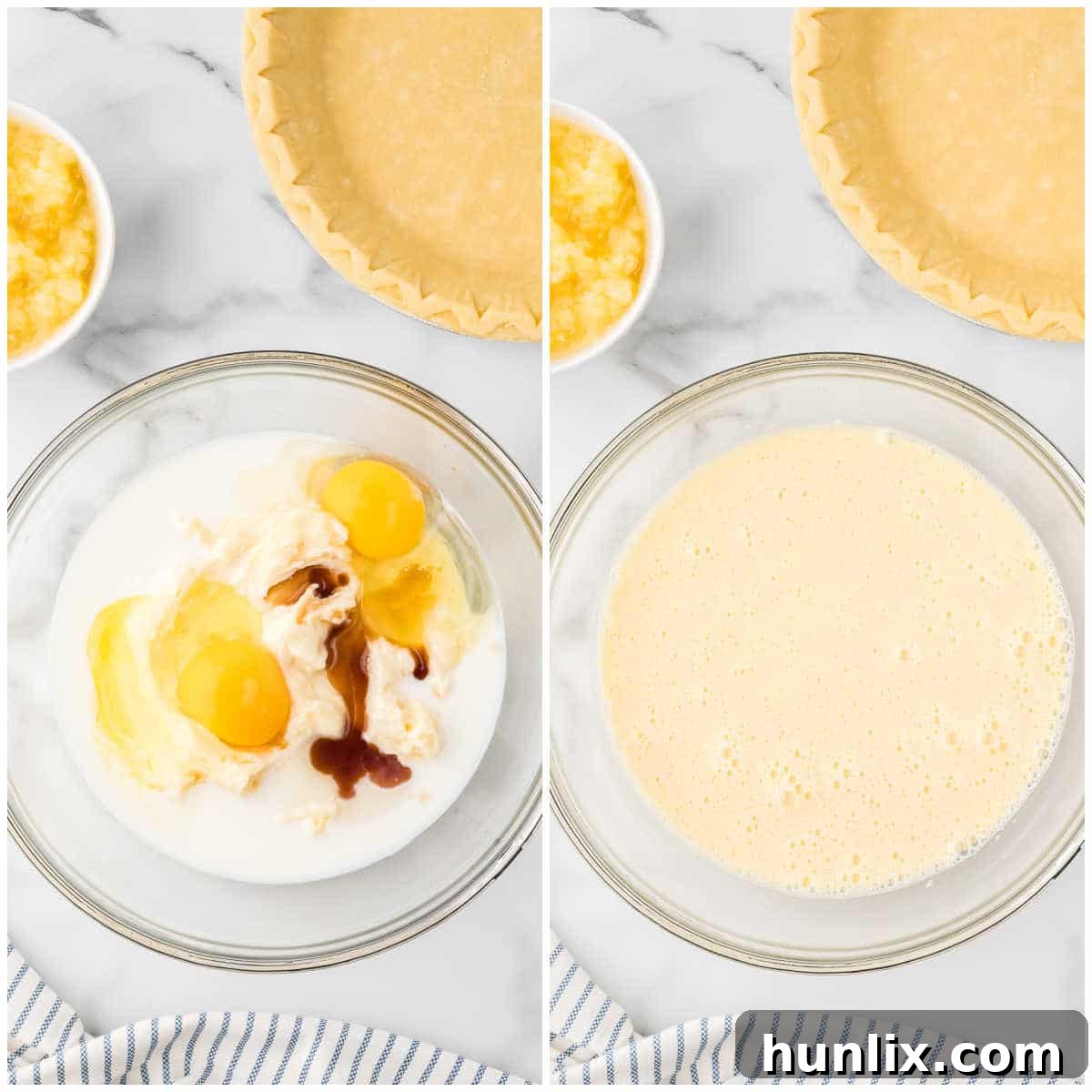 A visual collage showing the first steps of making pineapple pie, including mixing cream cheese, sugar, and eggs in a bowl.