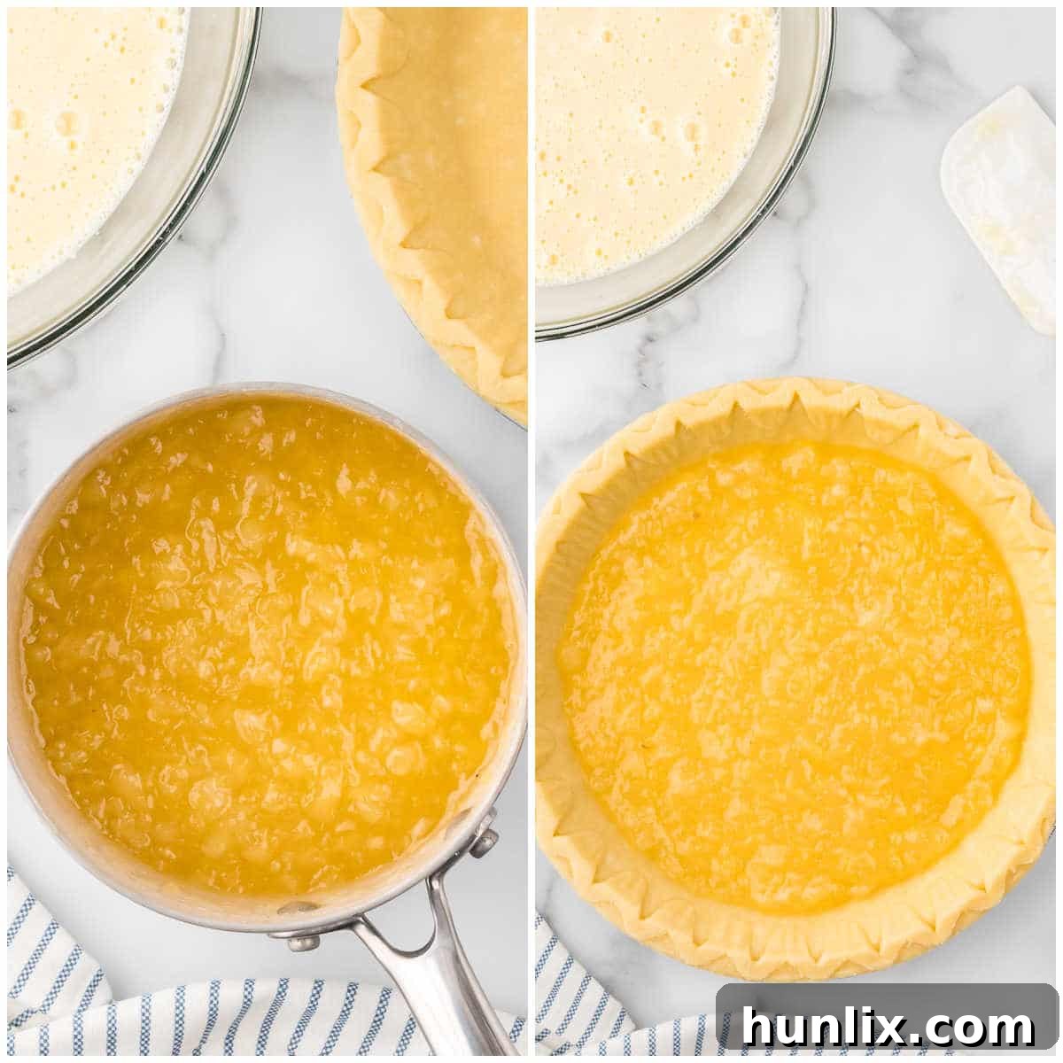 A collage demonstrating the steps for preparing the pineapple mixture, showing ingredients in a saucepan and simmering.