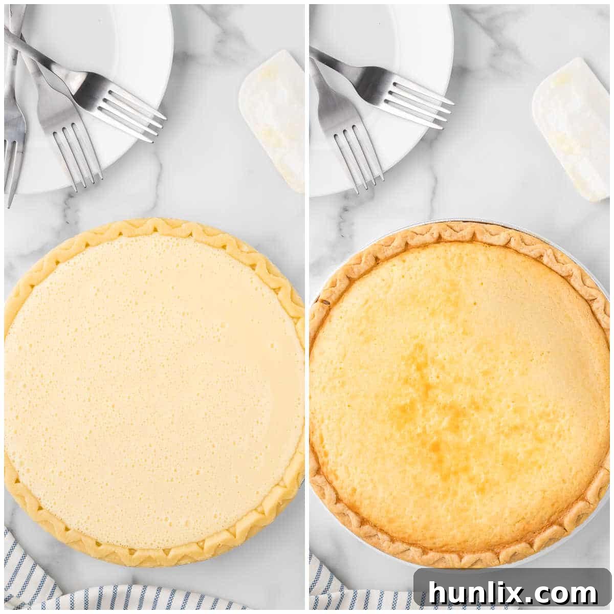 A collage displaying the final baking stages of the pineapple pie, showing the pie in the oven and cooling.