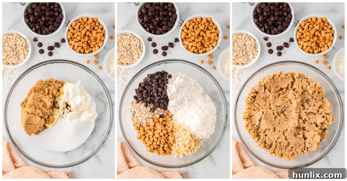 A step-by-step visual guide showing the initial stages of preparing Rice Krispie cookie dough, including mixing ingredients in a bowl.