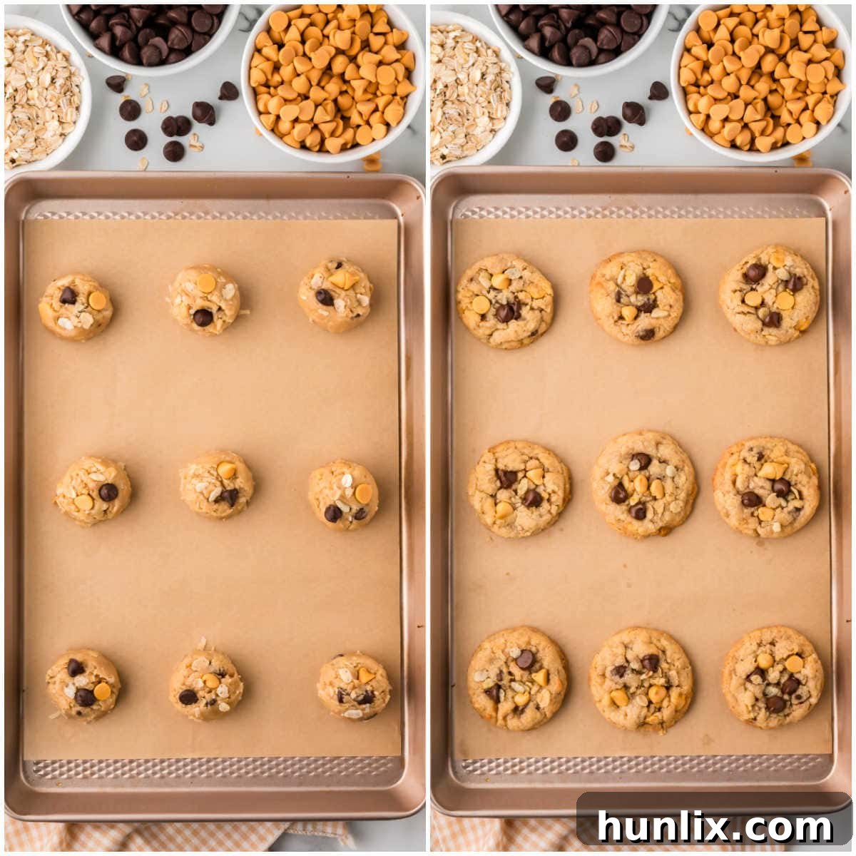 A visual sequence showcasing Rice Krispie cookies being baked to golden perfection on a baking sheet, illustrating the transformation from dough to delicious treat.