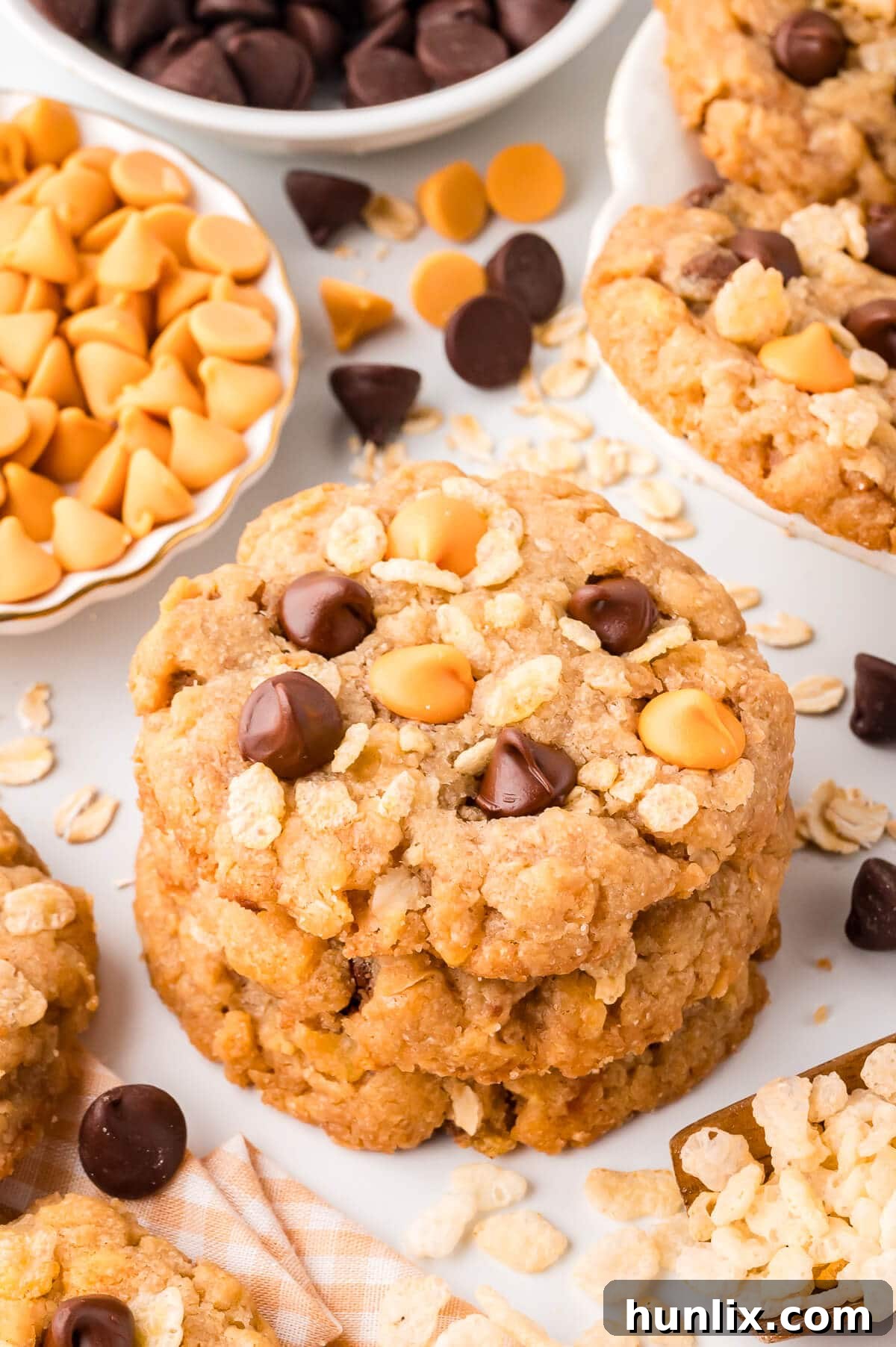 A tempting stack of golden-brown Rice Krispie cookies, showcasing their inviting texture and delicious appearance.