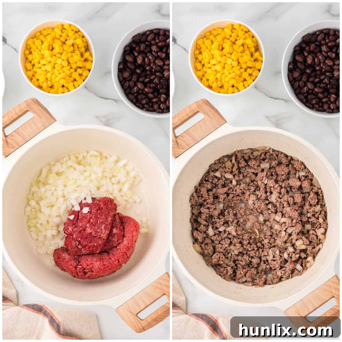 First step in making taco chili, browning ground beef and onions in a pot.