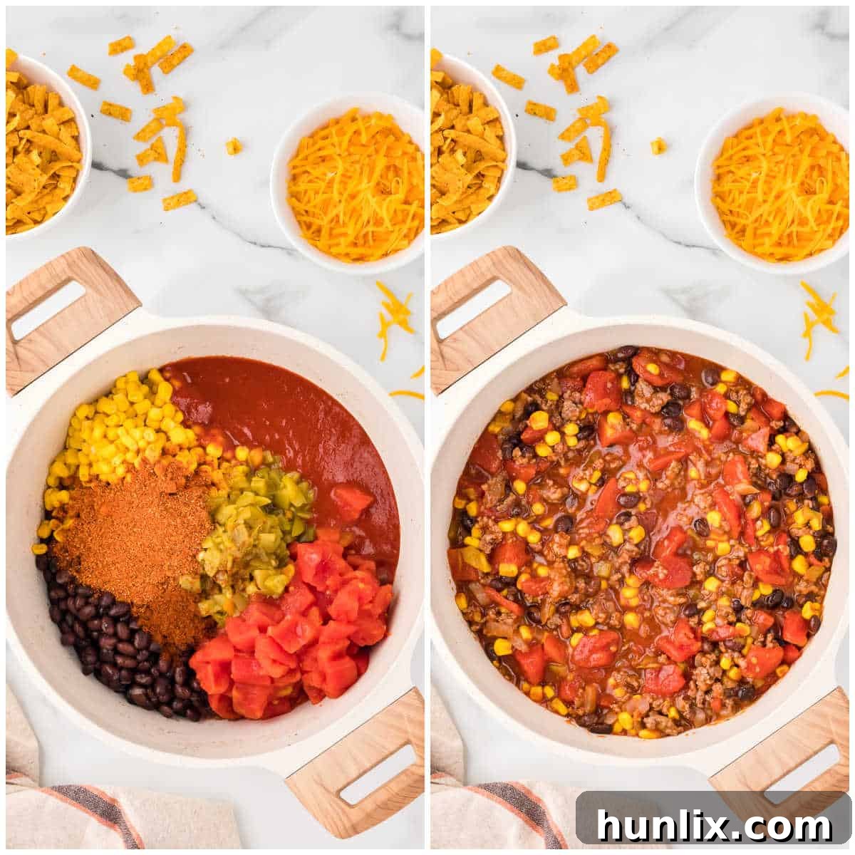 Second step in making taco chili, adding canned ingredients to the browned meat and onions.