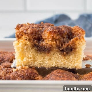 Grandma's Signature Cinnamon Coffee Cake 11 Grandma's cinnamon coffee cake slice on a cake pan.