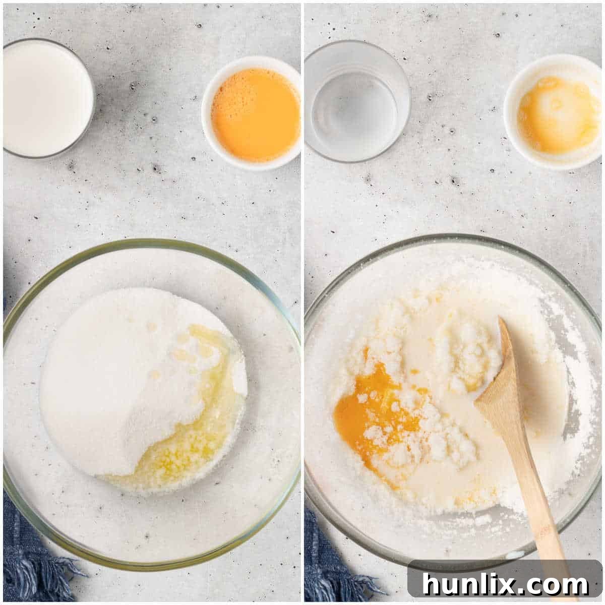 Grandma's Signature Cinnamon Coffee Cake 4 An image showing the initial steps to make Grandma's Cinnamon Coffee Cake: mixing sugar and butter, then adding egg and milk to create a smooth batter.