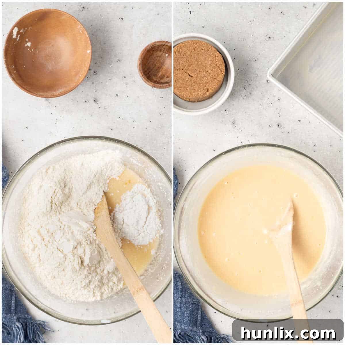 Grandma's Signature Cinnamon Coffee Cake 5 A close-up of the next step in making Grandma's Cinnamon Coffee Cake: adding flour, salt, and baking powder to the wet ingredients and gently mixing them together.
