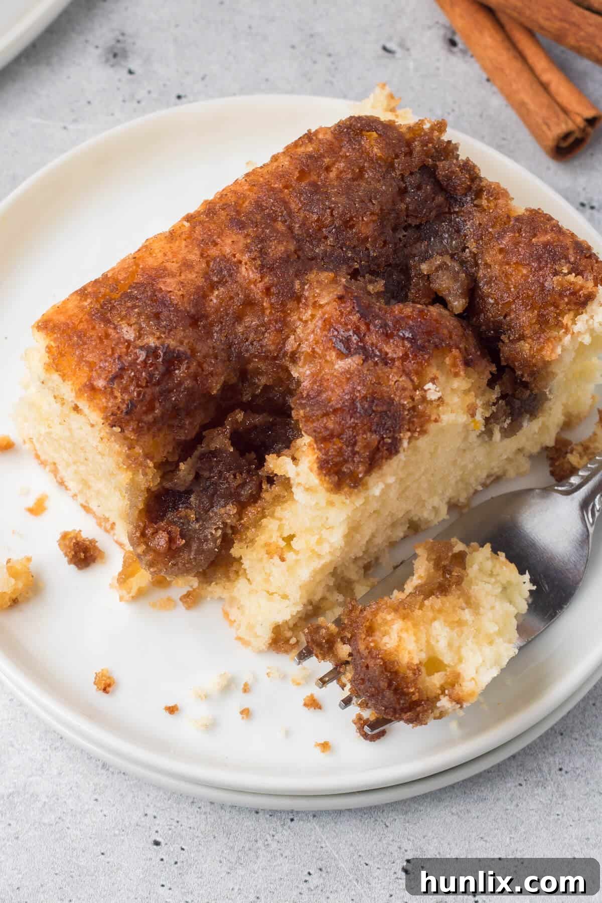 Grandma's Signature Cinnamon Coffee Cake 8 A delectable slice of cinnamon coffee cake sits on a white plate, accompanied by a fork, ready to be enjoyed.