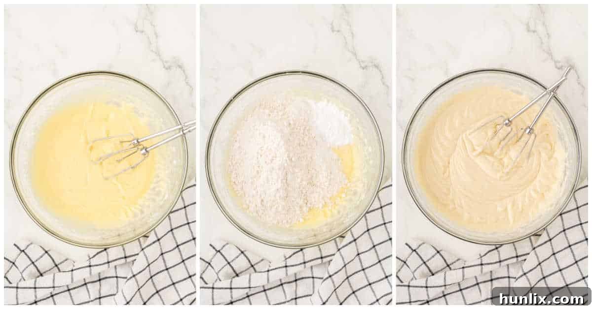 A collage showing the process of mixing wet and dry ingredients in a bowl for the tea cake batter.