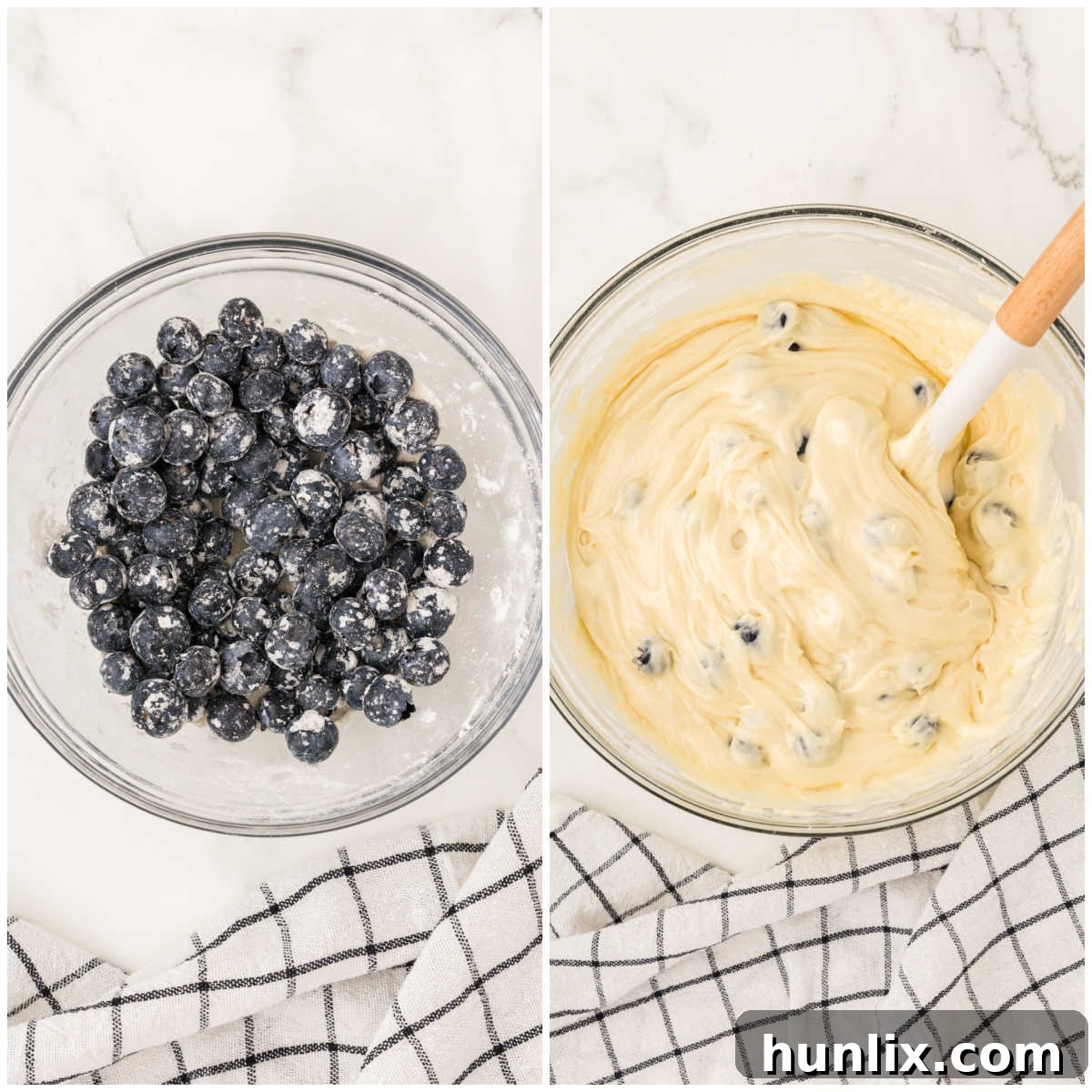 A collage illustrating the step of gently folding flour-coated blueberries into the cake batter.