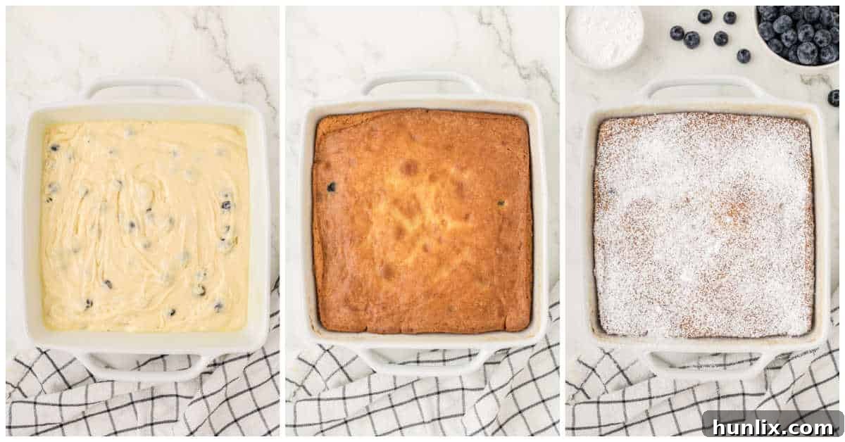A collage showing the final stage of the cake baking in a square pan in the oven.