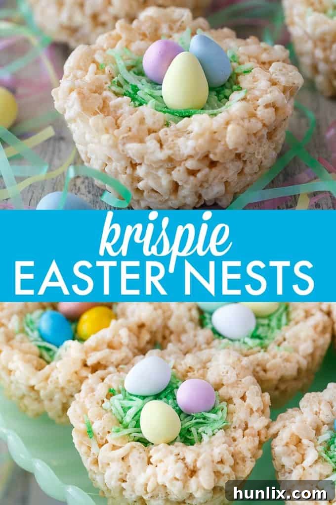 Krispie Easter Nests - This easy Easter dessert is fun to make and eat! Kids love to help decorate with colourful green grass and Easter chocolate and candy.