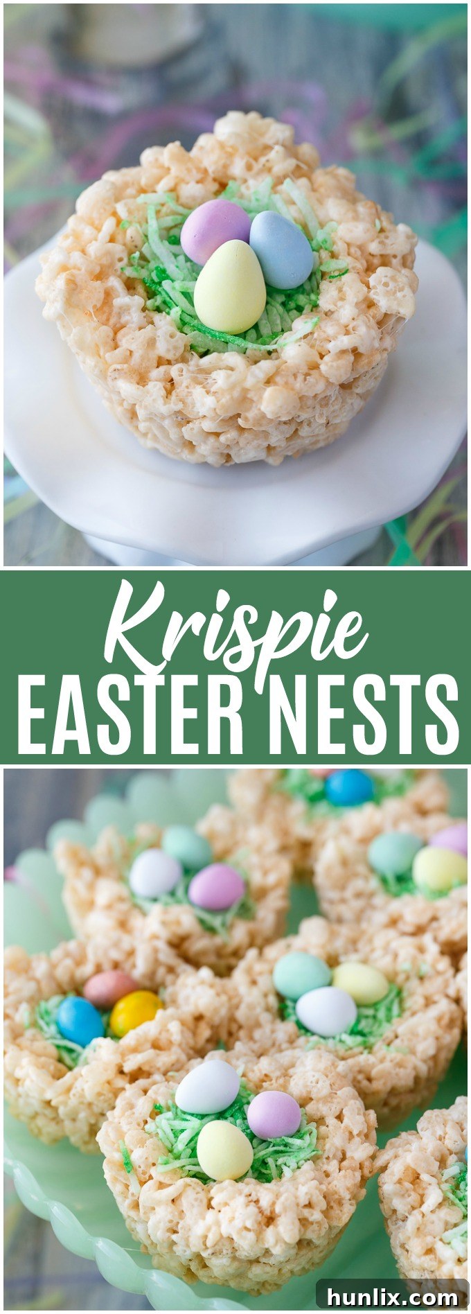 Krispie Easter Nests - This easy Easter dessert is fun to make and eat! Kids love to help decorate with colourful green grass and Easter chocolate and candy.