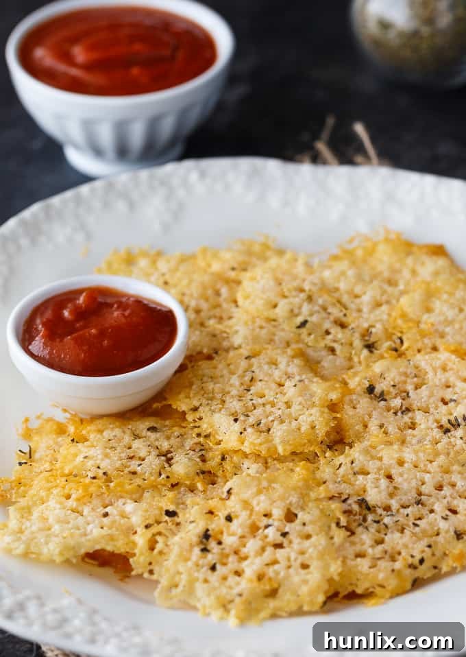 A plate of golden brown, perfectly round Parmesan crisps arranged invitingly.
