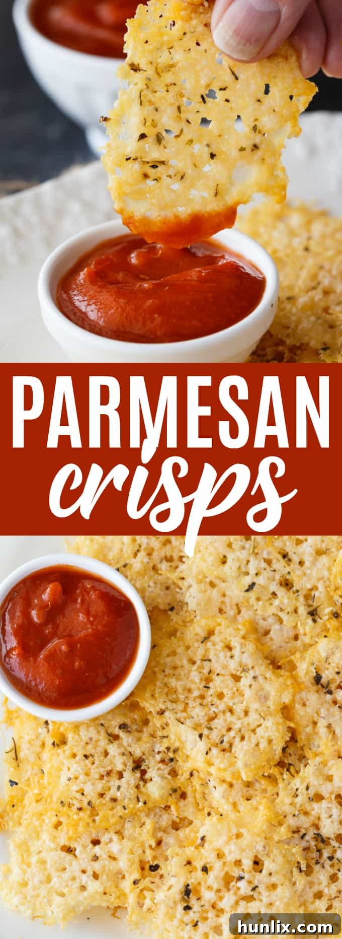 A vibrant collage featuring various Parmesan crisp preparations and serving suggestions.