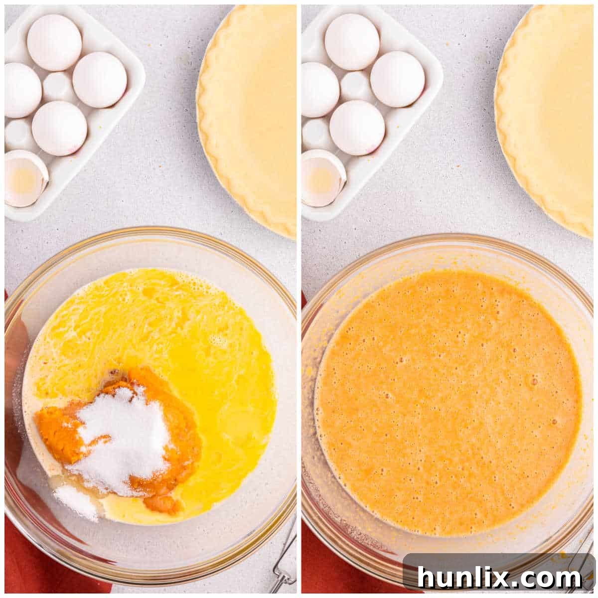 A mixing bowl filled with the creamy sweet potato pie filling, being prepared with an electric hand mixer.