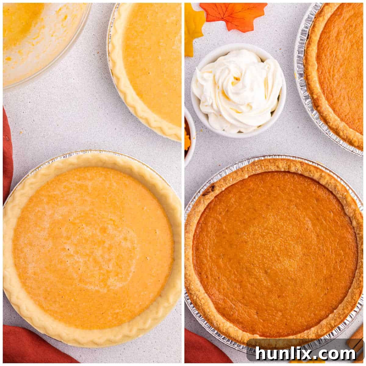 Raw sweet potato pie filling poured into an unbaked pie crust, ready for the oven.