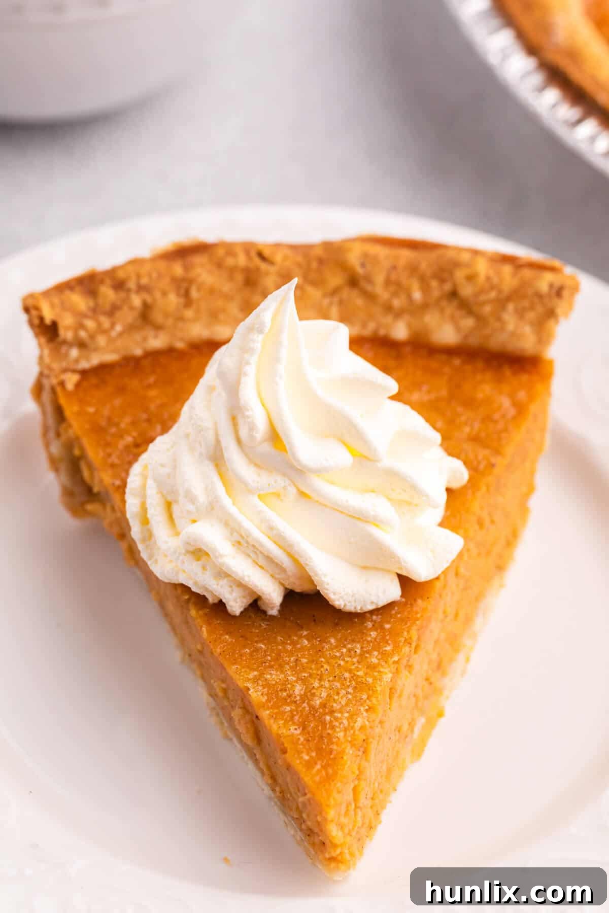 A delectable slice of sweet potato pie, generously topped with a swirl of whipped cream, resting on a white plate.