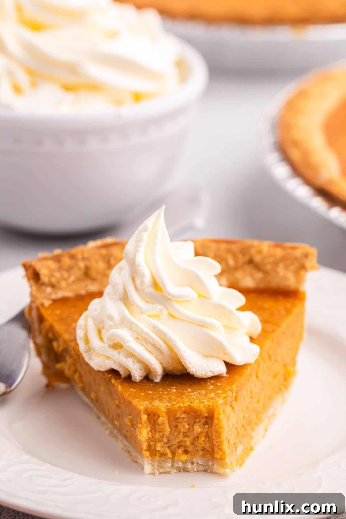 A tantalizing slice of sweet potato pie on a plate, with a small bite taken from the end, inviting you to indulge.