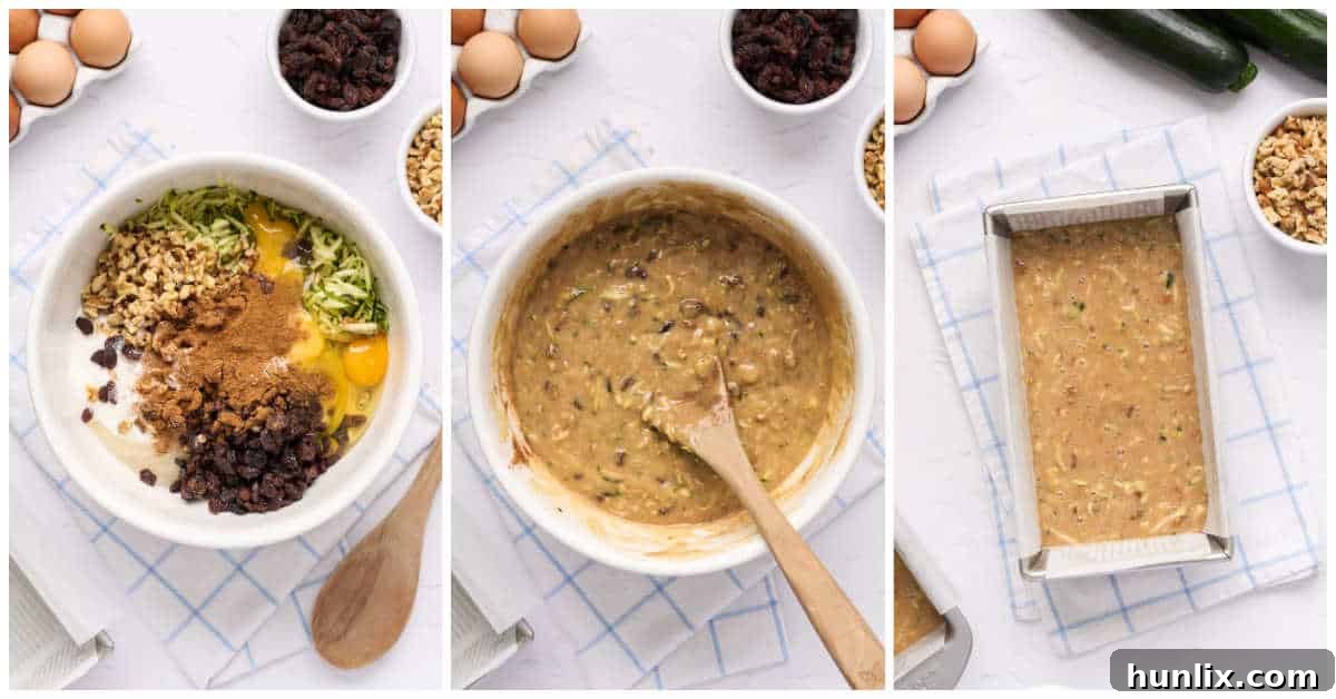 A visual sequence showing the steps to prepare zucchini bread batter in a bowl and dividing it into loaf pans.