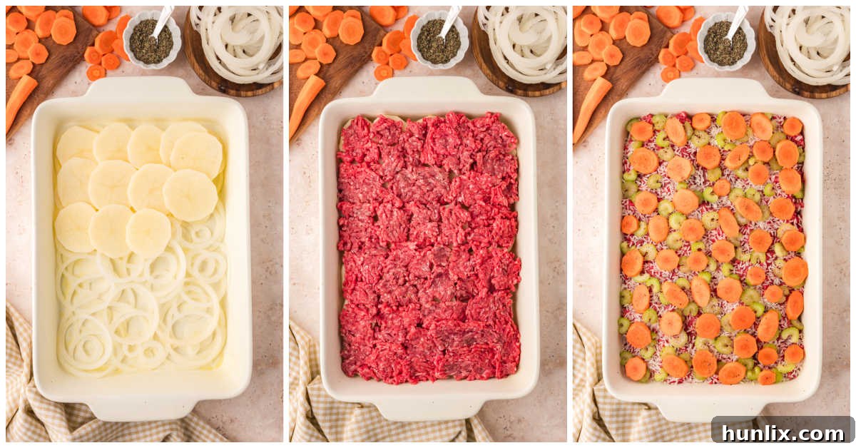Castaway's Feast 4 A visual collage showing the step-by-step layering of onions, potatoes, ground beef, rice, celery, and carrots in a casserole dish before sauce is added.