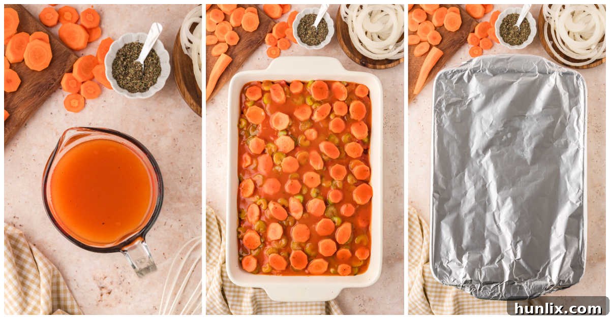 Castaway's Feast 5 A visual collage illustrating the two final steps: stirring tomato soup with water to create the sauce, and the covered casserole baking in the oven.