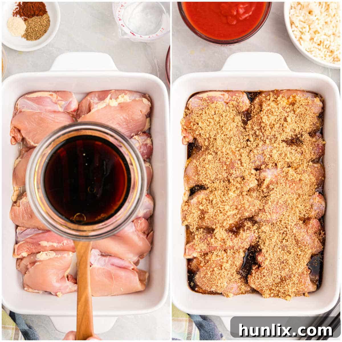 Images showing chicken thighs being prepared with soy sauce and spices in a casserole dish, prior to cooking.