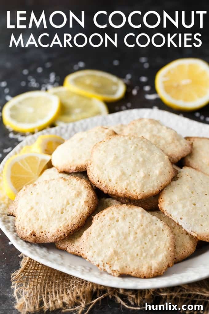 Sunshine Lemon Coconut Macaroons 8 Baked Lemon Coconut Macaroon Cookies with text overlay 'Light and crisp on the outside. Soft and chewy on the inside. This easy cookie recipe tastes like heaven.'